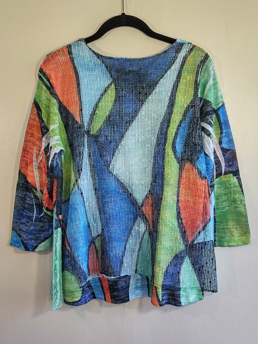 Jess & Jane Vibrant Top w/ Overlay Sz Small 3/4 Sleeve Artsy Boho Abstract - Picture 3 of 6